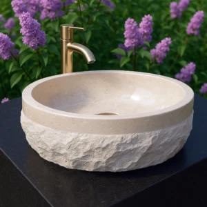 Handmade Marble Sink – Natural Chiseled Exterior - Image 3