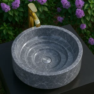 Marble Sink – Layered Carved Round Stone - Image 6
