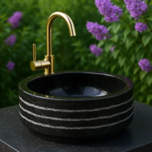 Marble Sink – Striped Round Stone Basin - Image 3