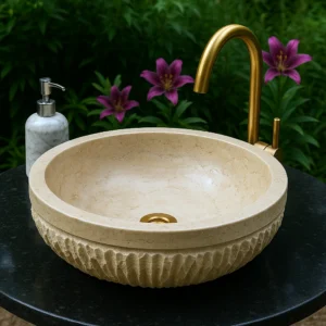 Textured Marble Sink – Handcarved Round Stone Basin - Image 4