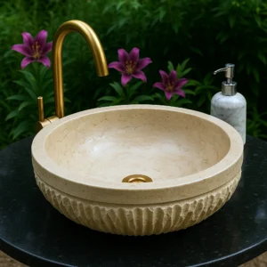 Textured Marble Sink – Handcarved Round Stone Basin - Image 5