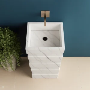 Contemporary Pedestal Marble Sink – Stacked Design Stone Basin for Modern Bathrooms - Image 3