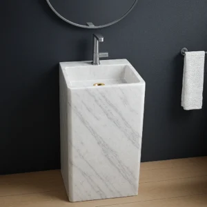 Freestanding Marble Sink – Minimalist Square Pedestal Basin - Image 3