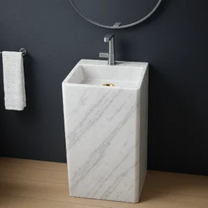 Freestanding Marble Sink – Minimalist Square Pedestal Basin - Image 4
