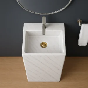 Freestanding Marble Sink – Minimalist Square Pedestal Basin - Image 5
