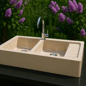 Handcrafted Modern Double-Bowl Marble Sink with Integrated Draining Area - Image 3