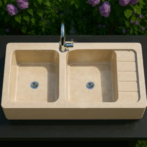 Handcrafted Modern Double-Bowl Marble Sink with Integrated Draining Area - Image 5