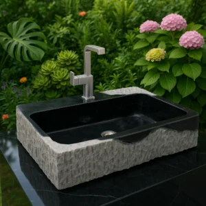 Handcrafted Modern Marble Sink with Raw Textured Exterior - Image 3