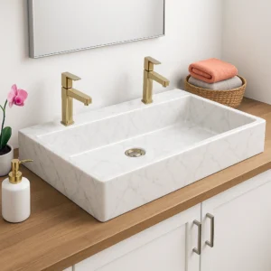 Marble Double Sink – Rectangular Vanity Basin - Image 3