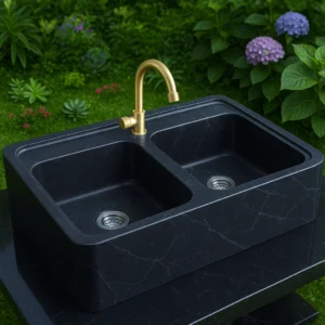 Modern Double Bowl Handcrafted Marble Sink - Image 4