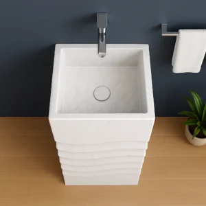 Modern Pedestal Marble Sink – Wave Pattern Freestanding Stone Basin - Image 4