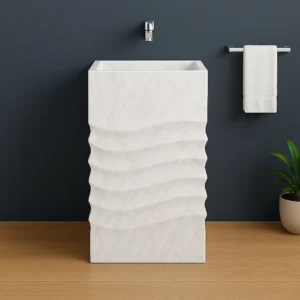 Modern Pedestal Marble Sink – Wave Pattern Freestanding Stone Basin - Image 5