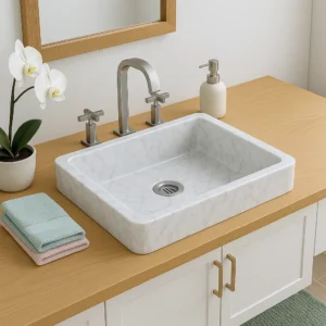 Semi-Undermount Marble Sink – Modern Rectangular Basin - Image 4