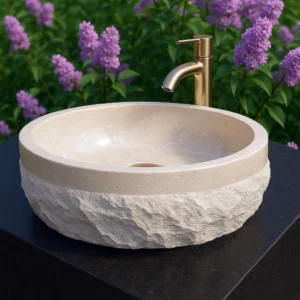 Modern Travertine Vessel Sink with Natural Chiseled Exterior - Image 4