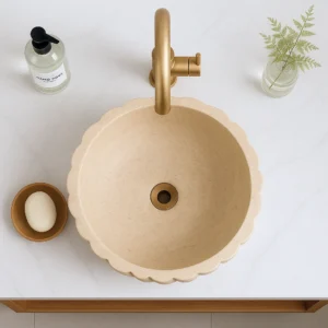 Round Spiral Fluted Cream Travertine Basin - Image 4