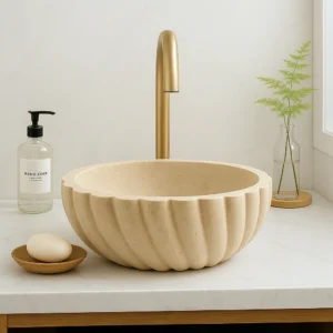 Round Spiral Fluted Cream Travertine Basin