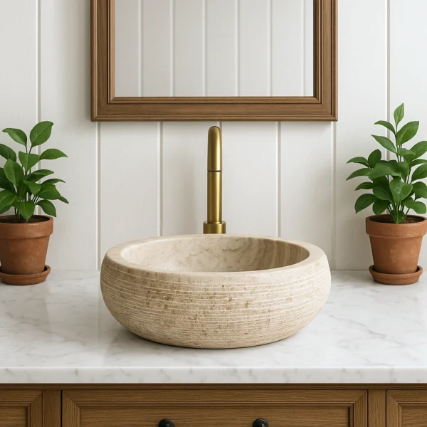 Handmade Marble Sink – Round Textured Stone Basin (1)