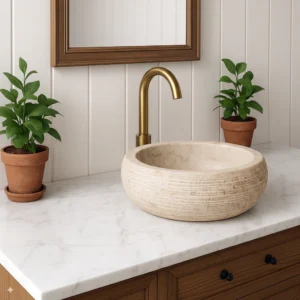 Horizontal Textured Round Cream Travertine Basin - Image 4