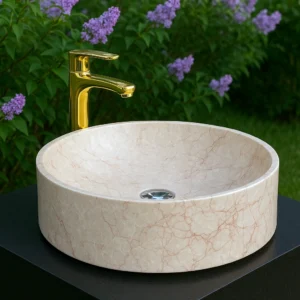 Modern Cylindrical Honey Marble Vessel Sink - Image 4