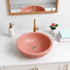 Petra Series Handcrafted Exotic Pink Marble Round Vessel Sink - Image 4