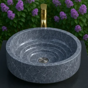Modern Layered Carved Round Natural Stone Vessel Sink - Image 7