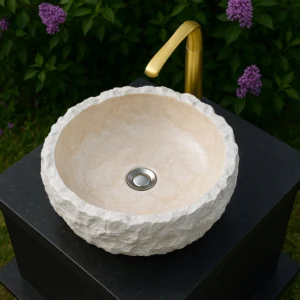 Natural Chiseled Exterior Cream Marble Vessel Sink - Image 5