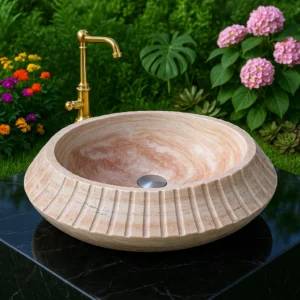 Vertical Fluted Round Beige Travertine Basin - Image 3