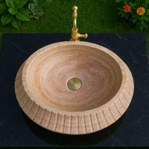Vertical Fluted Round Beige Travertine Basin - Image 5