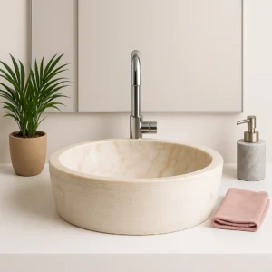 Handcrafted Textured Beige Marble Vessel Sink - Image 1