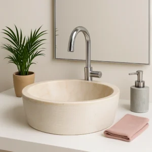 Handcrafted Textured Beige Marble Vessel Sink - Image 3
