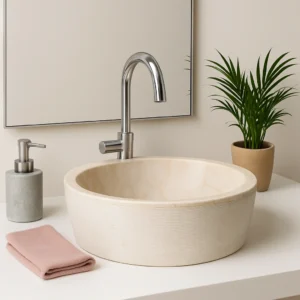 Handcrafted Textured Beige Marble Vessel Sink - Image 4