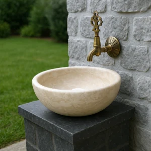 Round Travertine Vessel Sink – Outdoor Natural Stone Basin - Image 3