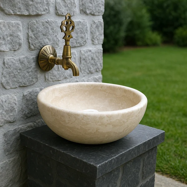 Round Travertine Vessel Sink – Outdoor Natural Stone Basin