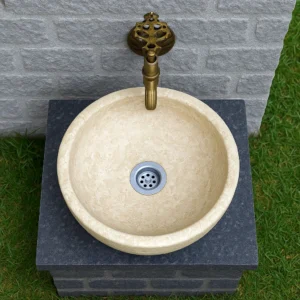 Round Travertine Vessel Sink – Outdoor Natural Stone Basin - Image 5