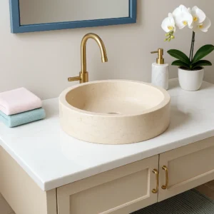 Round Cream Marble Countertop Basin - Image 4