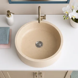 Round Cream Marble Countertop Basin - Image 5
