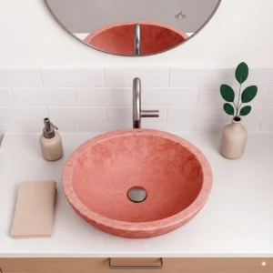 Petra Rose Series Handcrafted Pink Marble Round Vessel Sink - Image 4
