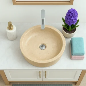 Round Travertine Natural Stone Vessel Sink - Image 4
