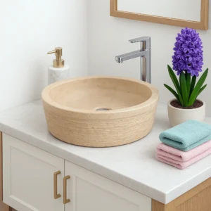 Round Travertine Natural Stone Vessel Sink - Image 5